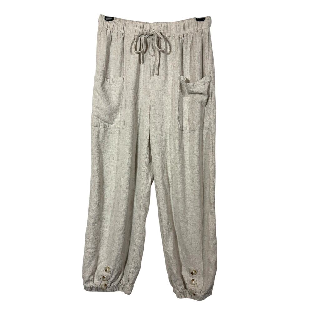 Linen Blend Jogger Pants Pockets Neutral Cropped Drawstring Size Small Tan White